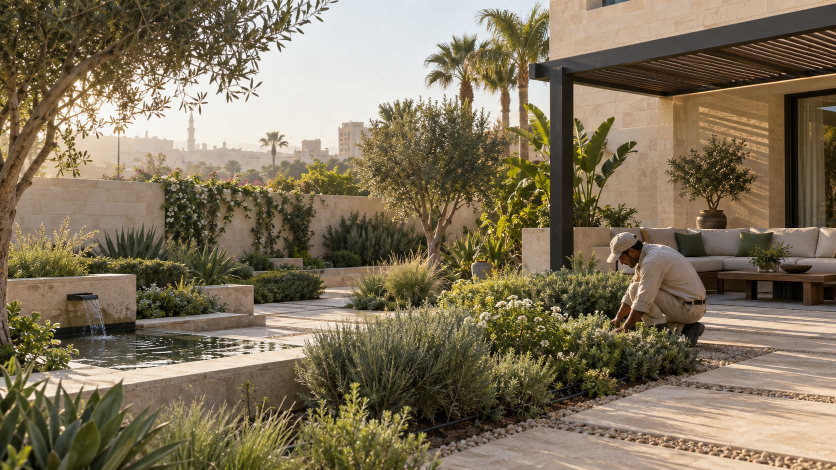 Gardener tending a planted landscape