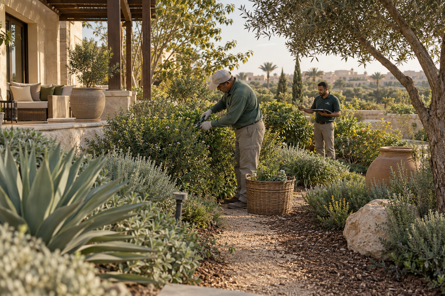 Gardener pruning plants